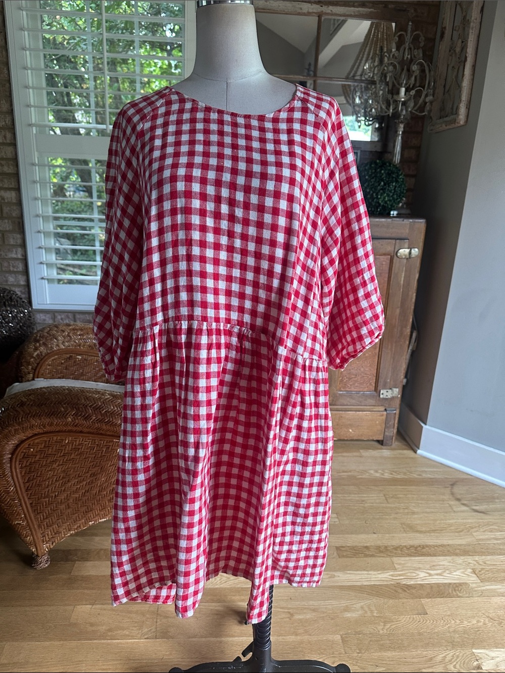 LINENFOX RED AND WHITE PLAID LINEN DRESS LARGE - XL POCKETS COTTAGECORE